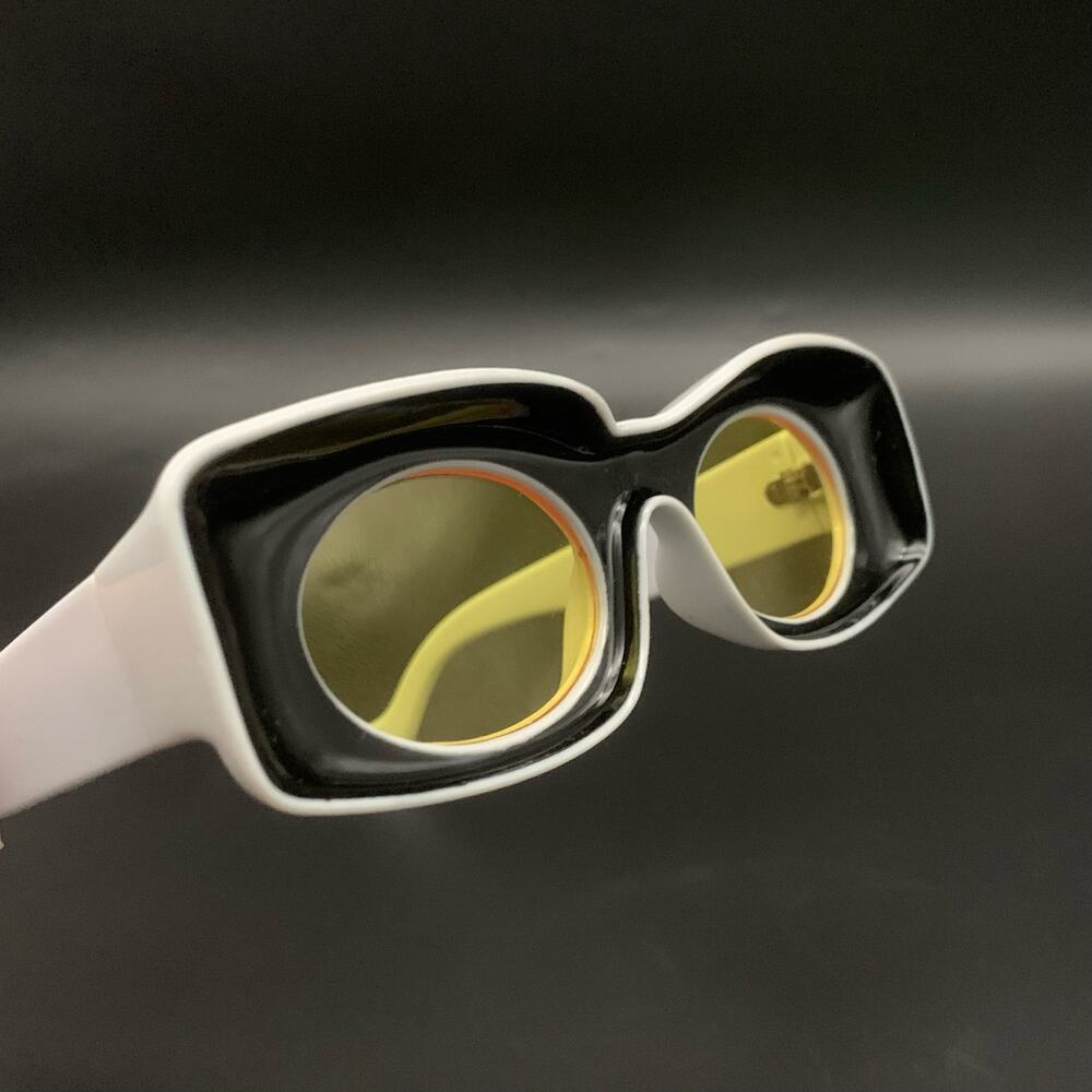 NEW Avant Garde Black & White Square Frame Sunglasses with Round Yellow Lenses